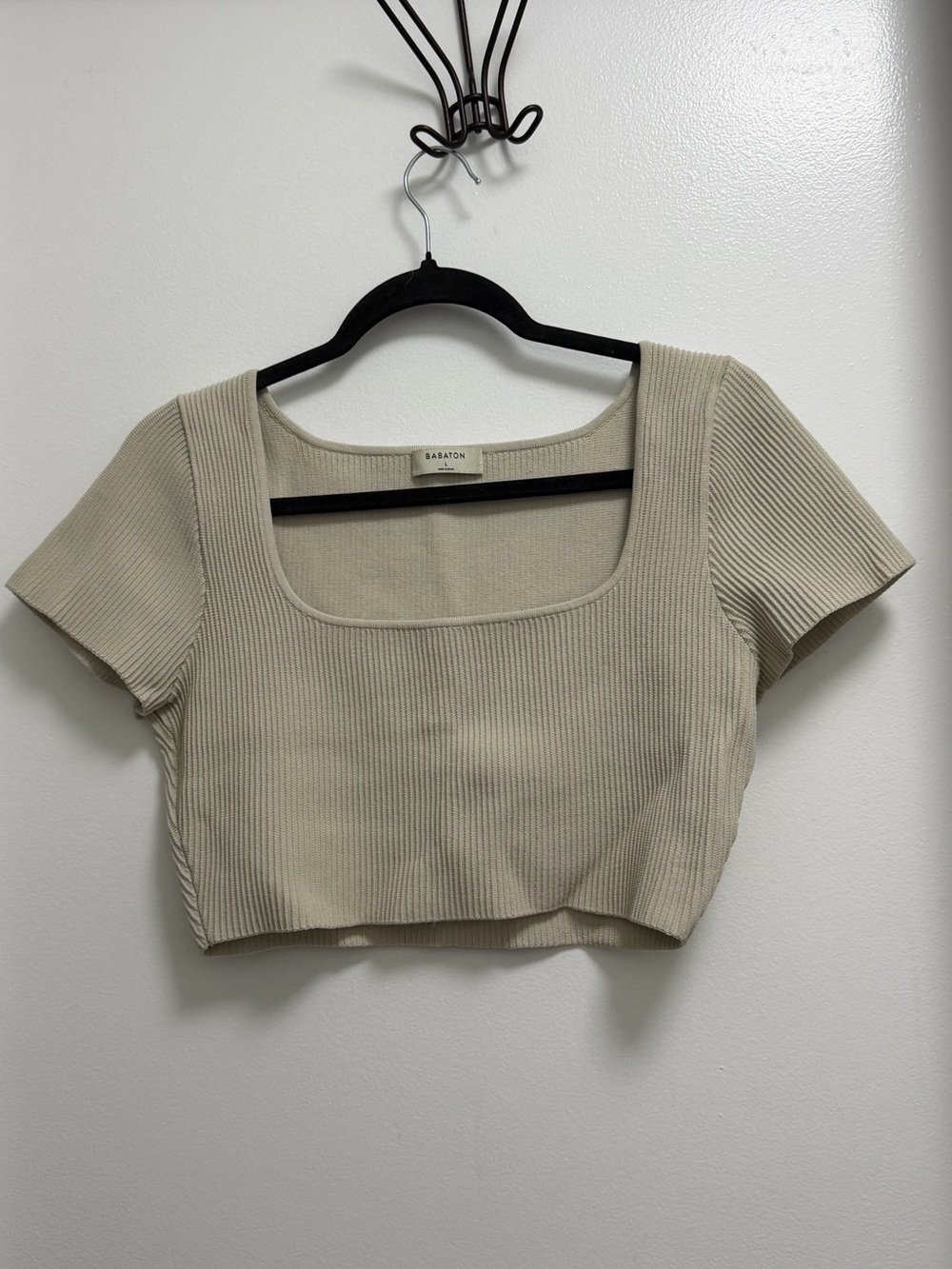 Babaton Ribbed Square-Neck Crop Top in Light Beige